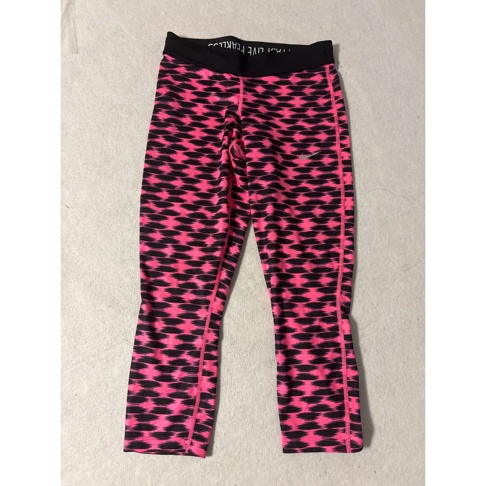 Nike Dri-Fit Pro Running Cropped Leggings Pink Black Ikat Pattern XS‎